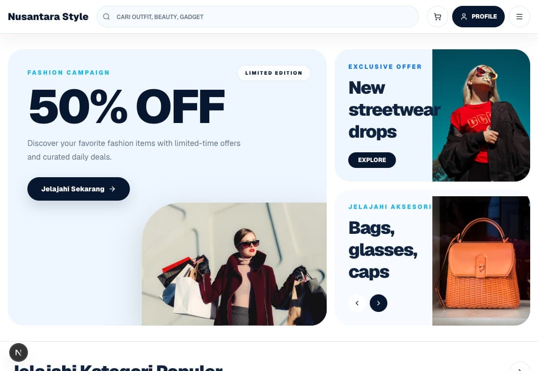 Contoh tampilan toko online fashion yang dapat dipilih dan disesuaikan